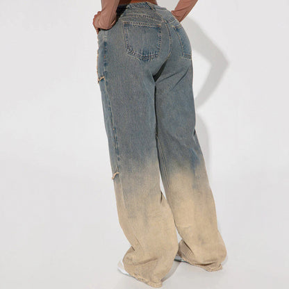 Personalized Street Gradient Frayed Washed Loose Jeans Autumn Winter High Waist Straight Casual Pants