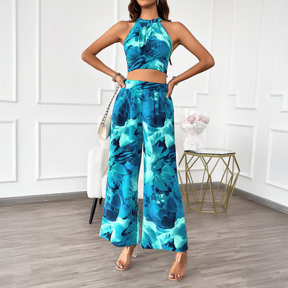 Spring Summer Casual Commuting Vacation Contrast Color Halter Top Wide Leg Pants Set Women