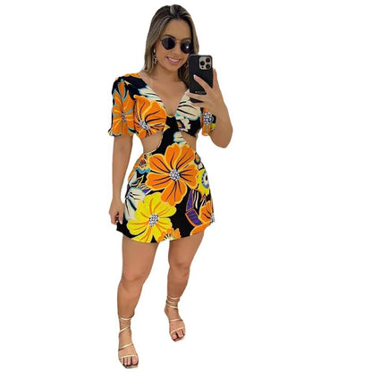 Printed Hollow Out Cutout Out Strap Lotus Leaf Sleeve Faux One Piece Culotte