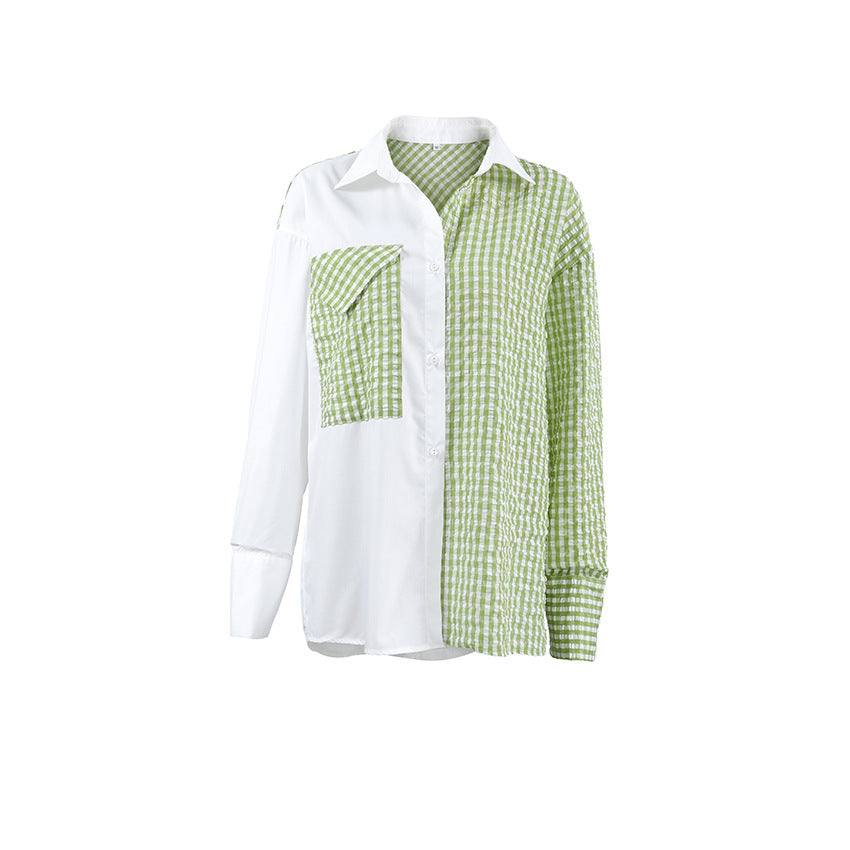 Casual All Matching Shirt Summer Office Contrast Color Check Simple Collared Shirt Sleeve Shirt Women Clothing