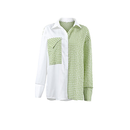 Casual All Matching Shirt Summer Office Contrast Color Check Simple Collared Shirt Sleeve Shirt Women Clothing