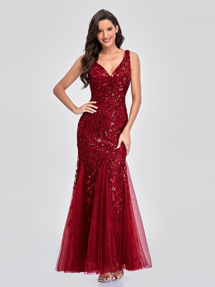 Evening Dress V neck Tulle Embroidered Sequ Sexy Mermaid Prom Dress Women Formal Dress