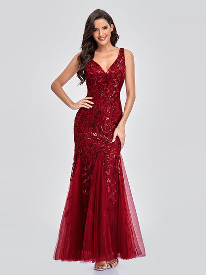 Evening Dress V neck Tulle Embroidered Sequ Sexy Mermaid Prom Dress Women Formal Dress