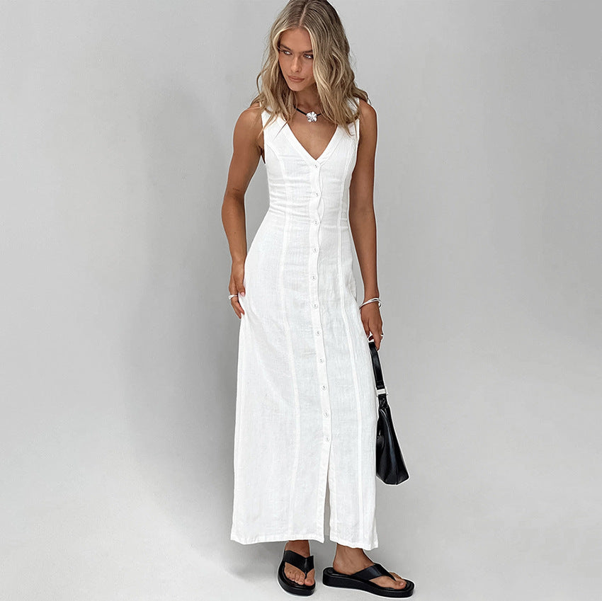 Sexy Design V-neck Cotton Linen White Split Sleeveless Dress Women Summer Simplicity Maxi Dress