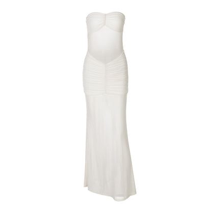 Mesh Stitching Dress Summer Women Sexy off Neck Tube Top Dress