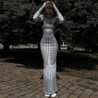 Fall Women Clothing round Neck Long Sleeve Slim Fit Figure Flattering 3D Striped Printed Sheath Dress Women