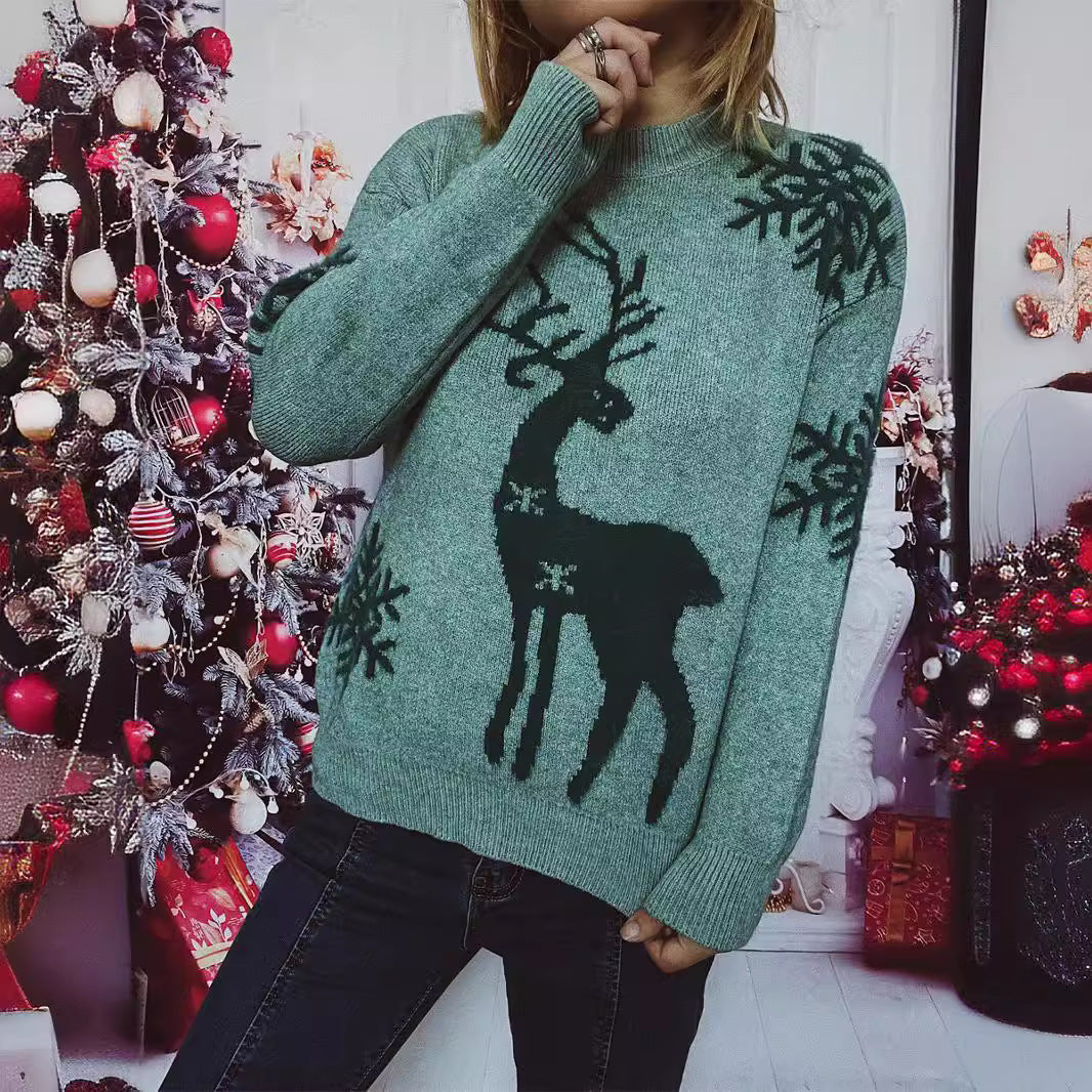 Autumn Winter round Neck Long Sleeved Christmas Sweater Snowflake Deer Jacquard Knitted Pullover