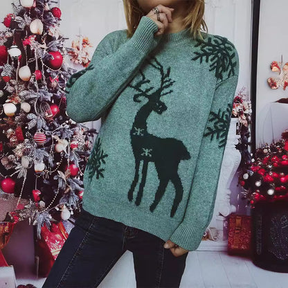 Autumn Winter round Neck Long Sleeved Christmas Sweater Snowflake Deer Jacquard Knitted Pullover