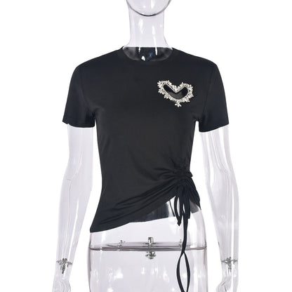 Summer T hirt Round Neck Cropped Heart Rhinestone Hollow Out Cutout out Tied Drawstring Solid Color Short Sleeve Women Clothing