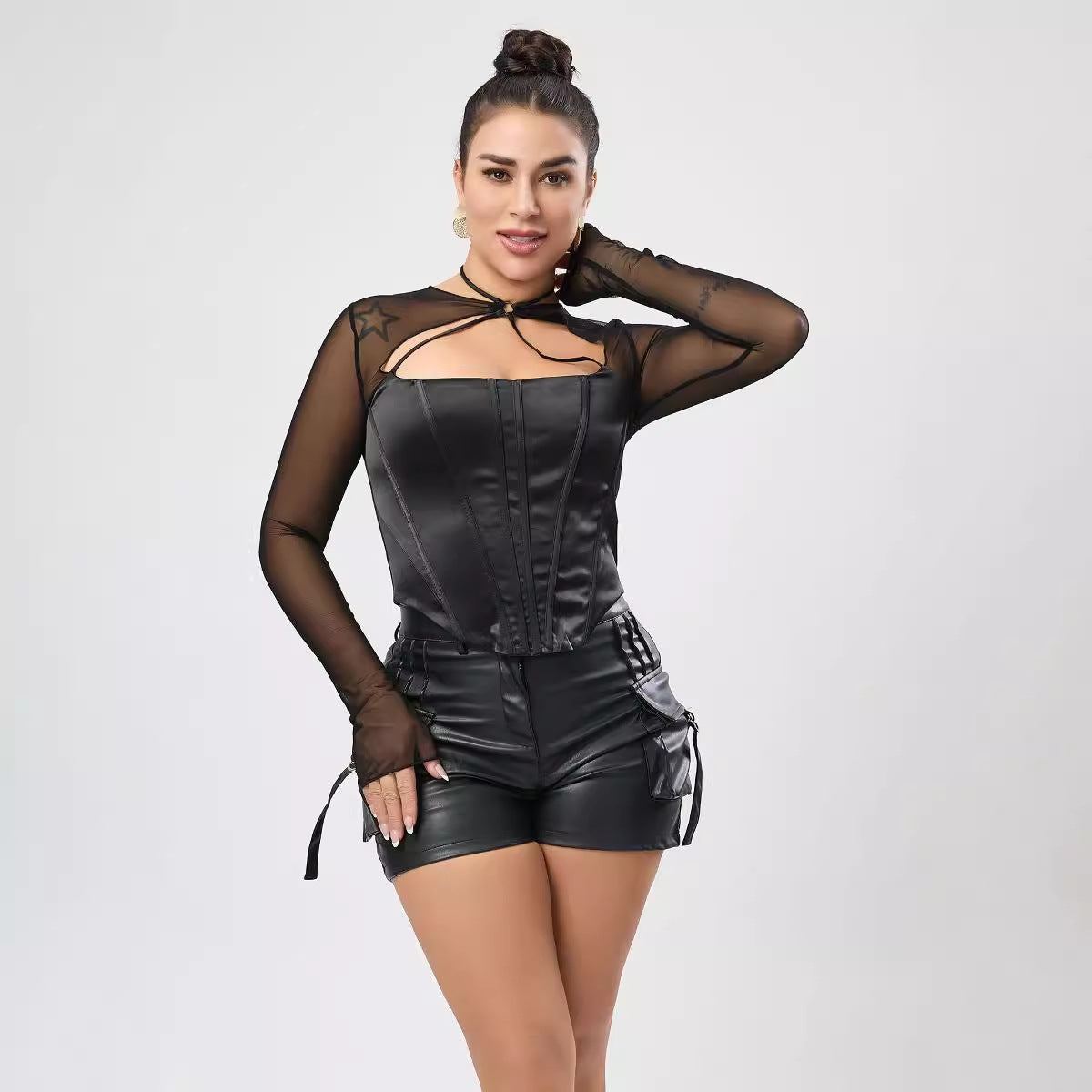 Club Wear Micro Elastic Satin Mesh Stitching Bone Hollow Out Cutout Zipper Sexy Short Top