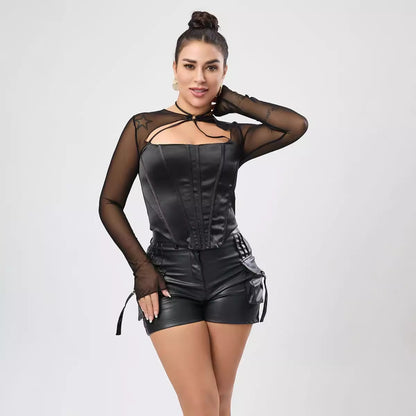 Club Wear Micro Elastic Satin Mesh Stitching Bone Hollow Out Cutout Zipper Sexy Short Top