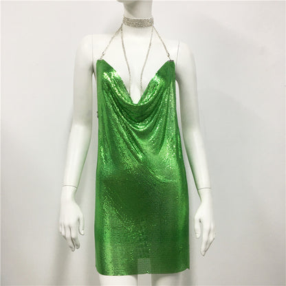 Metallic Coated Fabric Women Clothing Metal Sequ Dress Sexy Sweet Spicy Dress Rhinestone Cami Dress Women