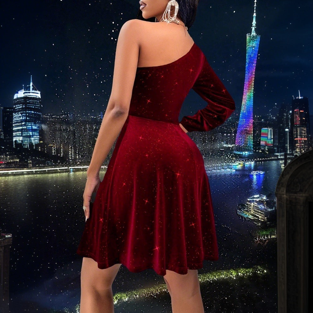 Women Clothing Autumn Winter Sexy Socialite Wine Red Dress Single Side Sleeve Design