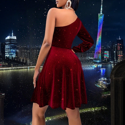 Women Clothing Autumn Winter Sexy Socialite Wine Red Dress Single Side Sleeve Design