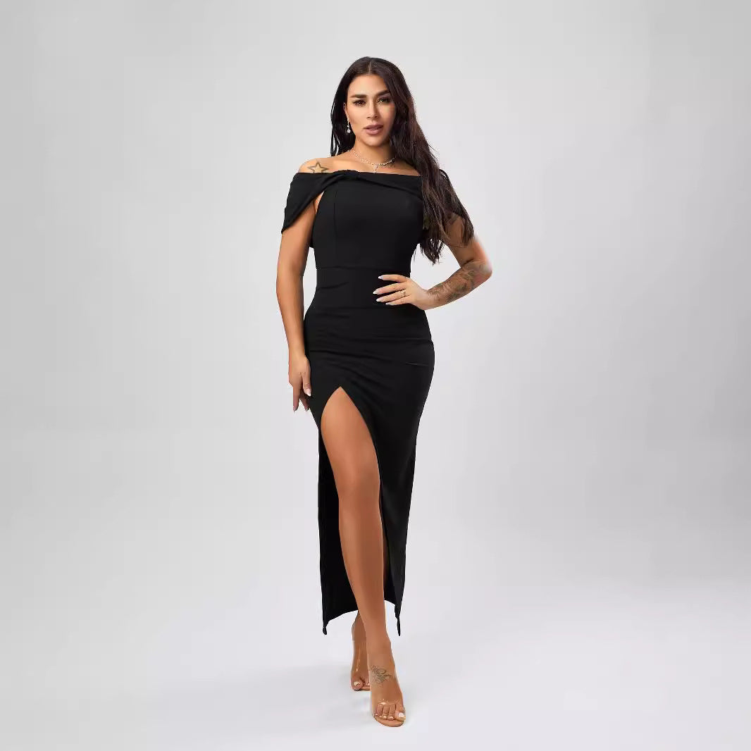 Maxi Dress Autumn Solid Color Off Neck Tight Sexy Slit Dress