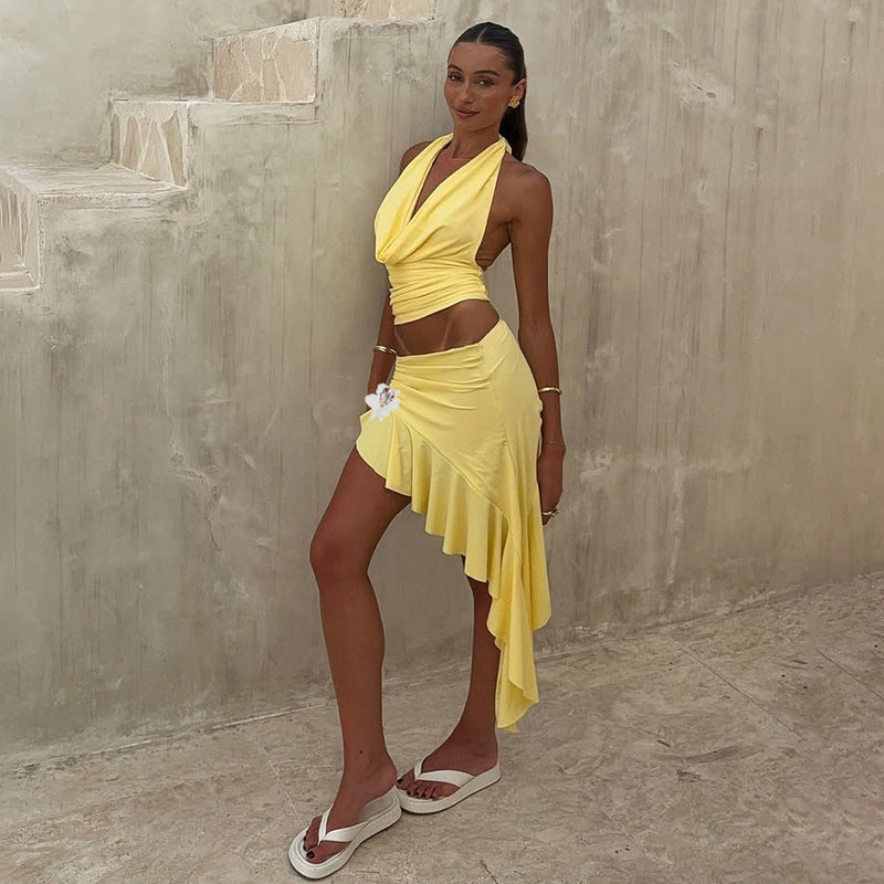 Vacation Summer Sexy Swing Collar Backless Irregular Asymmetric Three Dimensional Floral Ruffled Vest Mid Length Skirt Set