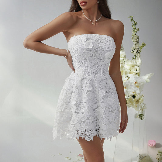 Spring Summer Sexy Slim Fit Solid Color Embroidered Tube Top Short Dress Evening Dress Women Clothing