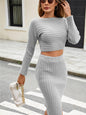 Knitted Suit Dress Autumn Winter Knitted Two Piece Mid Length Hip Skirt Striped Long Sleeve Sweater