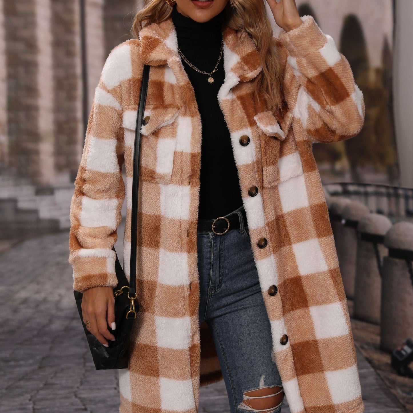 Fall Women Collared Long Sleeve Loose Plaid Single Breasted Long Plush Casual Coat