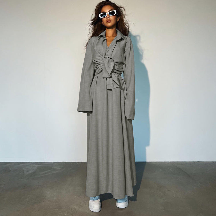 Women Clothing Loose Fitting Long Sleeves Shirt Vest Maxi Dress Two Piece Shirt Skirt Set