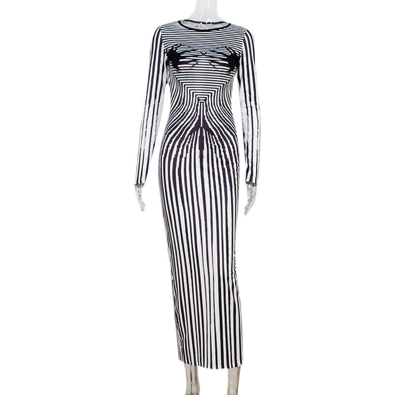 Fall Women Clothing round Neck Long Sleeve Slim Fit Figure Flattering 3D Striped Printed Sheath Dress Women