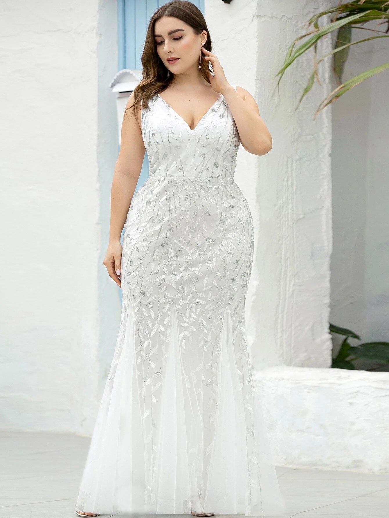 Evening Dress V neck Tulle Embroidered Sequ Sexy Mermaid Prom Dress Women Formal Dress