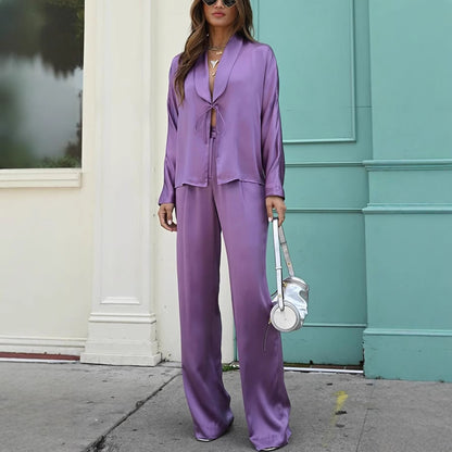 Spring Summer Solid Color Tied Trousers Casual Two Piece Sets