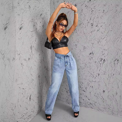 Women Clothing Straight Loose High Waist Denim Trousers