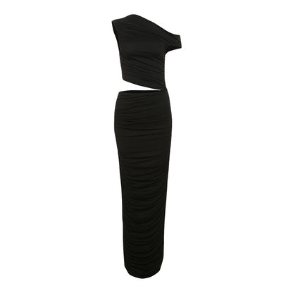 Women Elegant Slightly Mature Solid Color Pleated Slim Fit Oblique Shoulder Sheath Dress