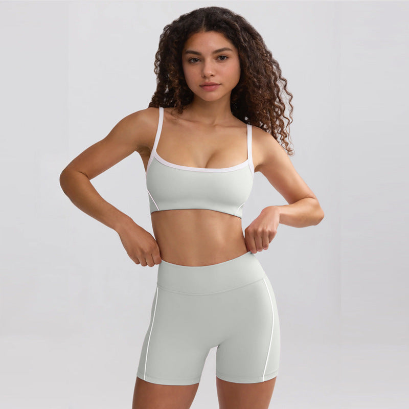 Spring Summer Yoga Clothes White Strap Shockproof High Strength High Waist Hip Lift Running Workout Shorts Sets