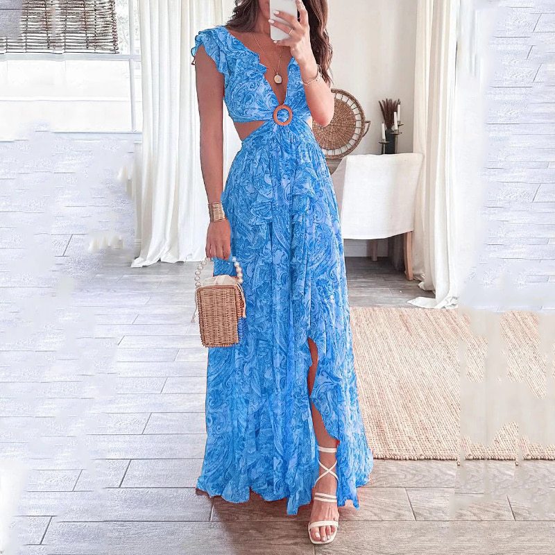 Women Clothing Summer Printing Deep V Plunge Sexy Cropped Outfit Long Pleated Dress