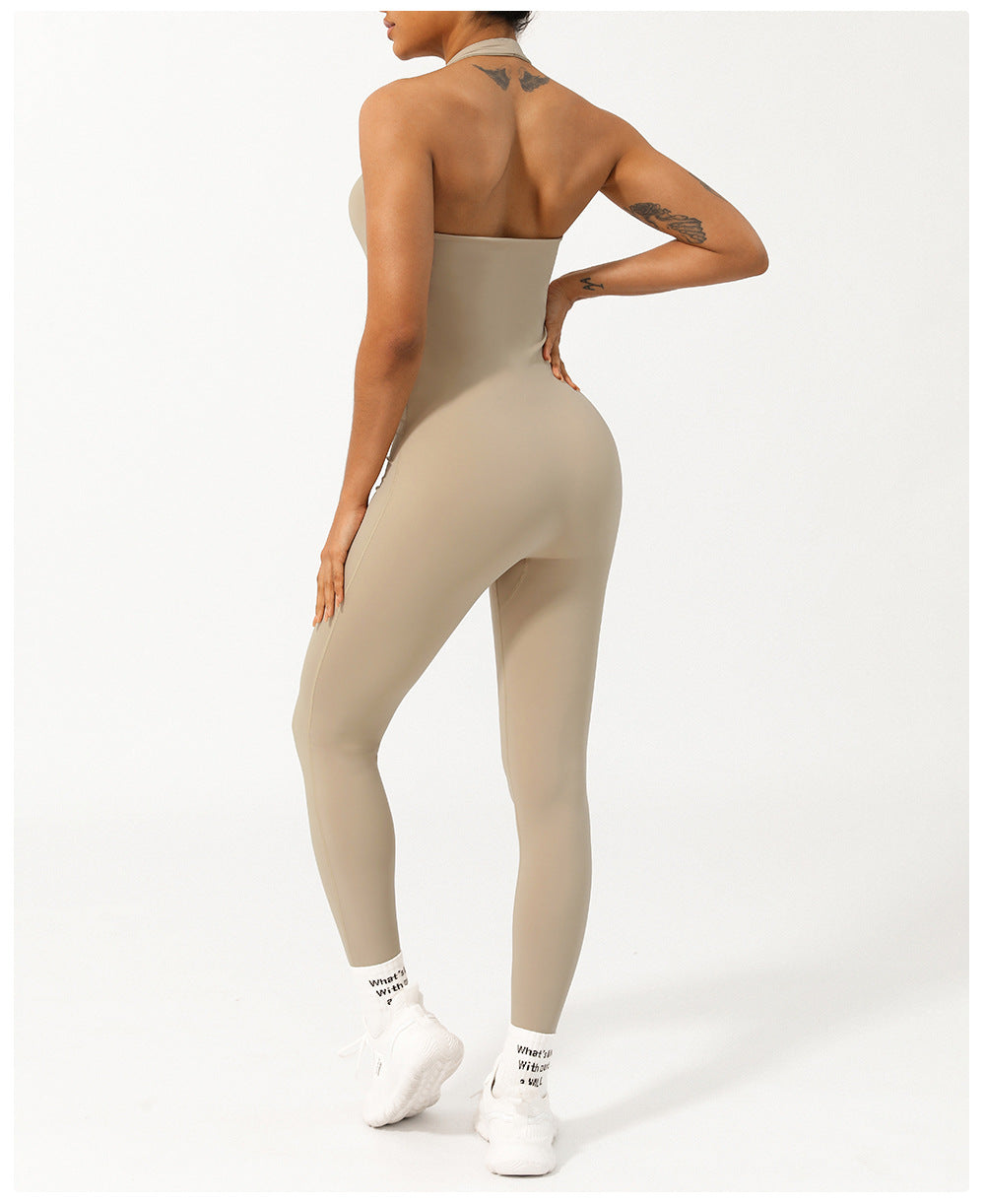 Summer Halter Low Collar Tight Waist Yoga Jumpsuit Body Shaping Non-Stitching Hip Lifting Jumpsuit with Chest Pad