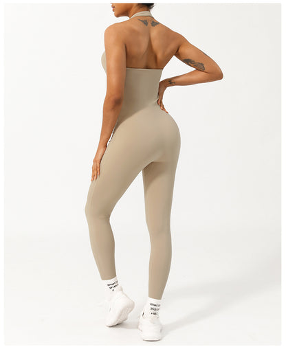 Summer Halter Low Collar Tight Waist Yoga Jumpsuit Body Shaping Non-Stitching Hip Lifting Jumpsuit with Chest Pad