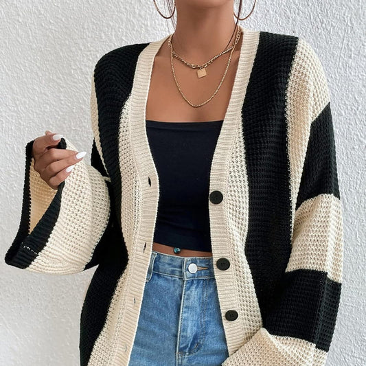 Top Product Autumn Winter Women Striped Contrast Color Bell Sleeve Knitted Cardigan Loose Sweater Coat Women