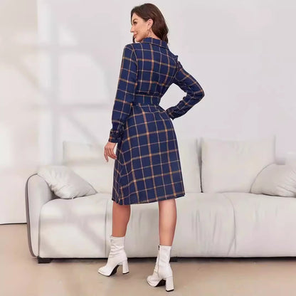 Women Clothing Plaid Collared Long Sleeve Tied Maxi Dress Cardigan Long Shirt Dress