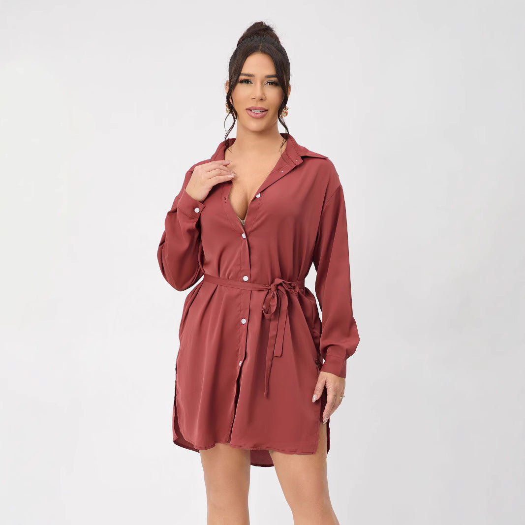 Casual Long Sleeve Women Clothing Long Shirt Collar Belt Two Piece Shorts Sets Women Spring