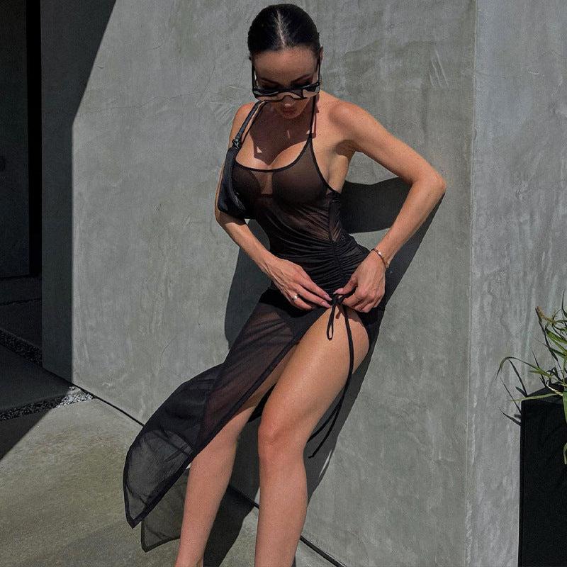 Women Clothing Summer Mesh Sexy See through Slit Slim Fitting Dress