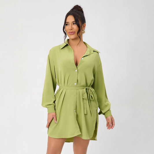 Casual Long Sleeve Women Clothing Long Shirt Collar Belt Two Piece Shorts Sets Women Spring