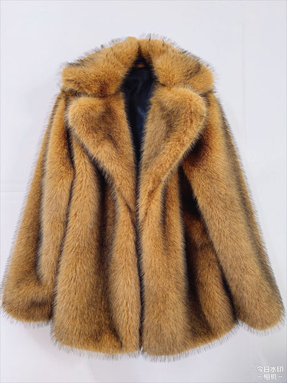 Popular Autumn Winter Faux Fur Mid Length Coat Warm Faux Fur Coat