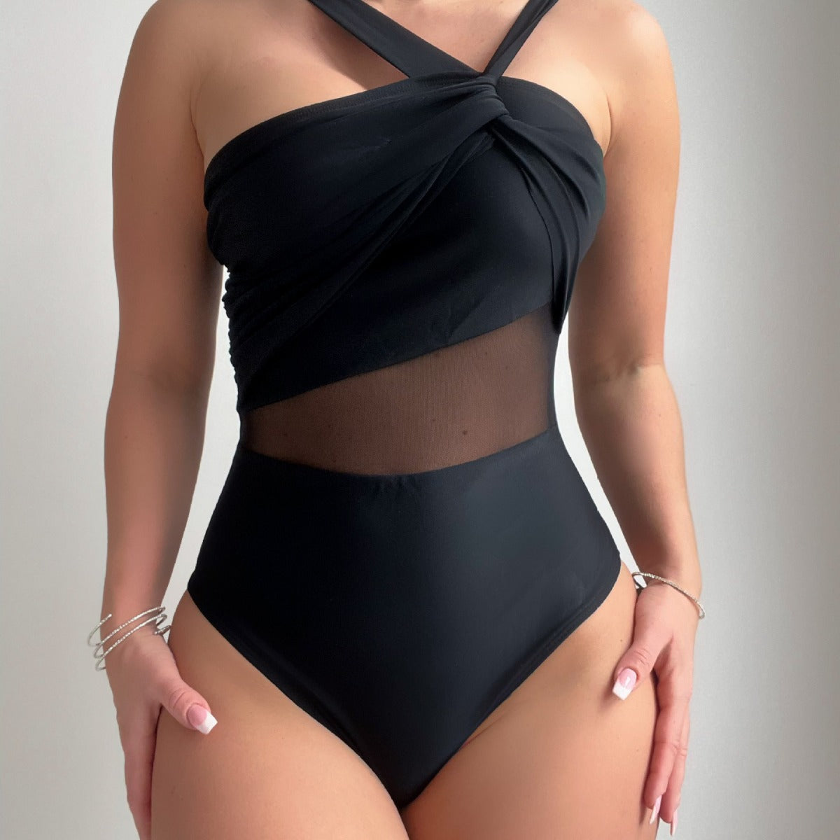 Solid Color Irregular Asymmetric Shoulder Strap Net Stitching One Piece Swimsuit