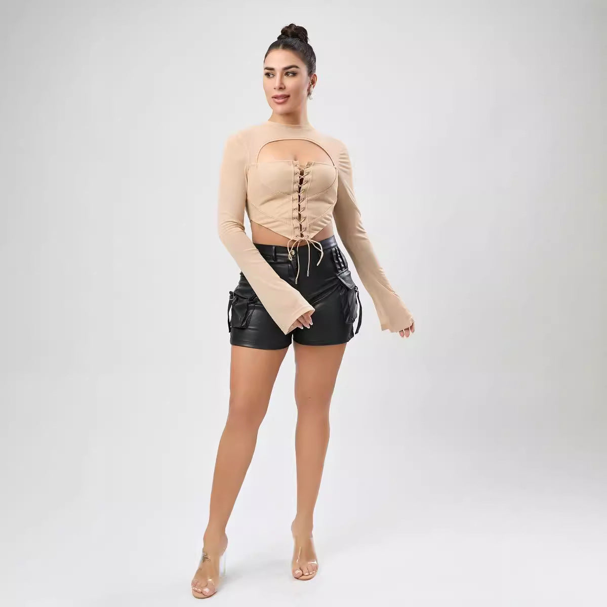 Sexy Women Autumn Solid Color Casual Backless Half High Collar Long Sleeves Strap Mesh Slim Fit Short Top