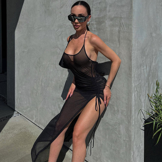 Women Clothing Summer Mesh Sexy See through Slit Slim Fitting Dress