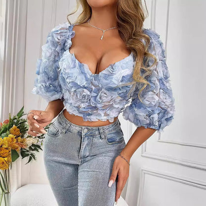 Summer Refreshing Light Wrapped Chest Creative Floral V Neck Cropped Women Clothing