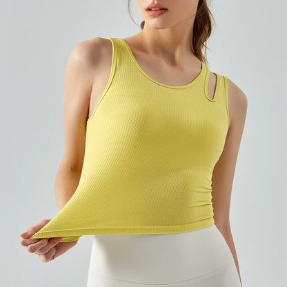 Summer Stripe Sports Vest Asymmetric Hollow Out Cutout Shoulder Strap Pilates Training Running Fitness Yoga Wear Women