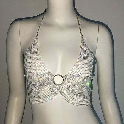 Women Clothing Rhinestone Fishnet Top Sexy Slim Music Festival Sweet Spicy Fengshui Diamond Top