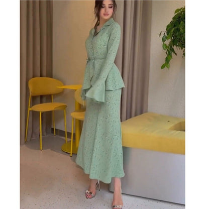 Women Clothing Small Floral High Quality Waist Long Sleeve Top Skirt Two Piece Set