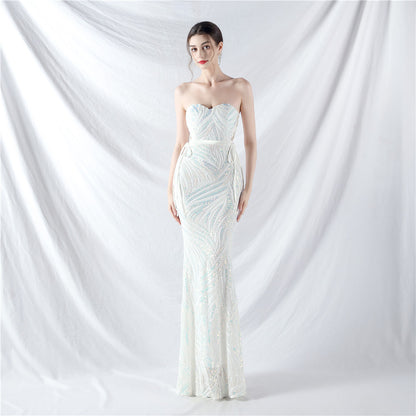 Rope Double Binding Strap Tube Top Encryption Lamination Sequin Evening Dress