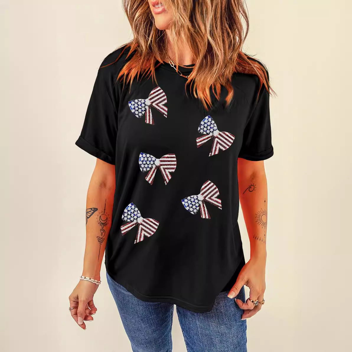 Summer Bow Printed Short-Sleeved Top Simple Loose Comfortable Pullover