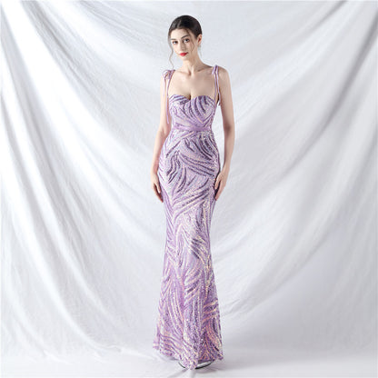 Rope Double Binding Strap Tube Top Encryption Lamination Sequin Evening Dress