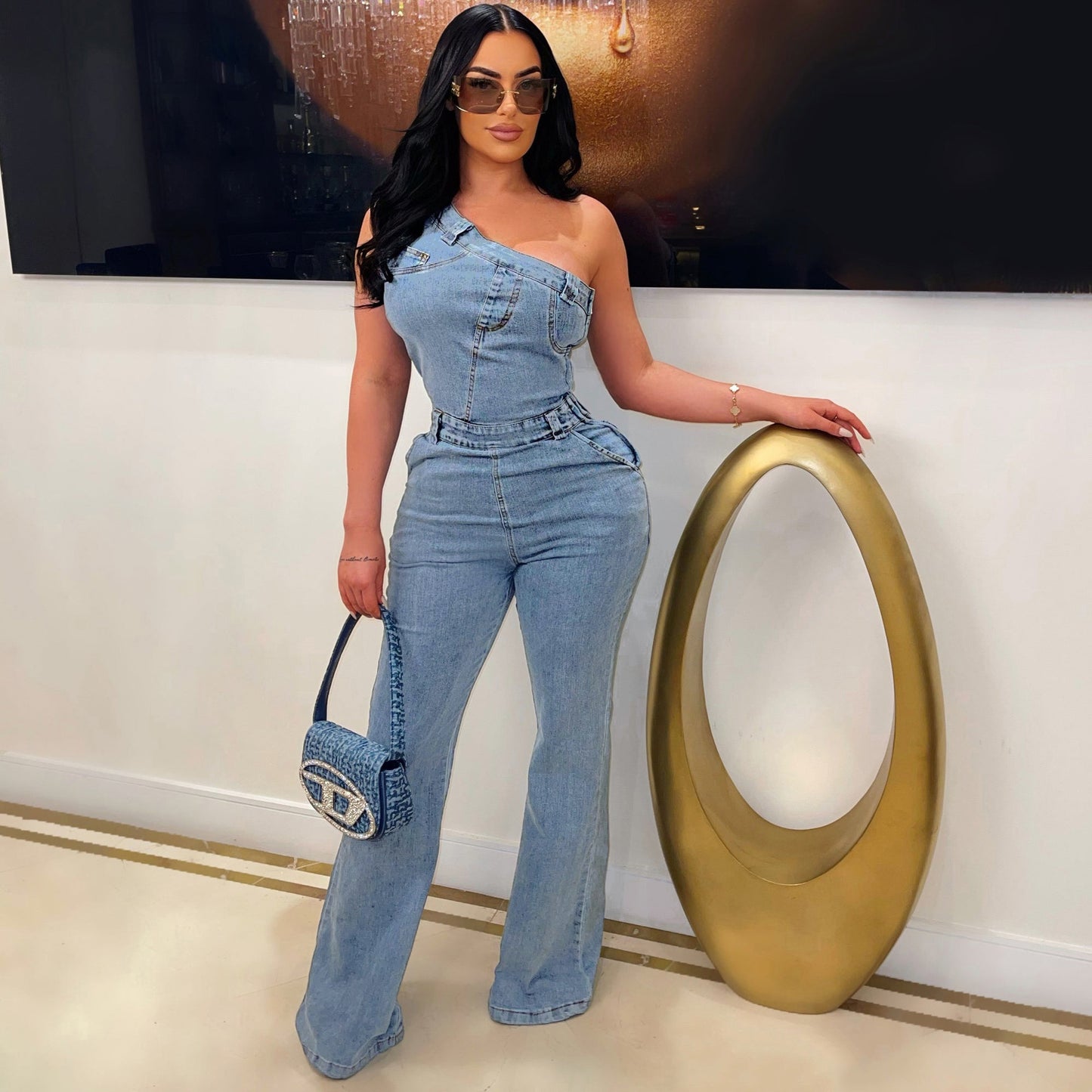 Oblique Shoulder Tight Waist Slim Elastic Wash Denim Jumpsuit Jumpsuit Bell Bottom Pants